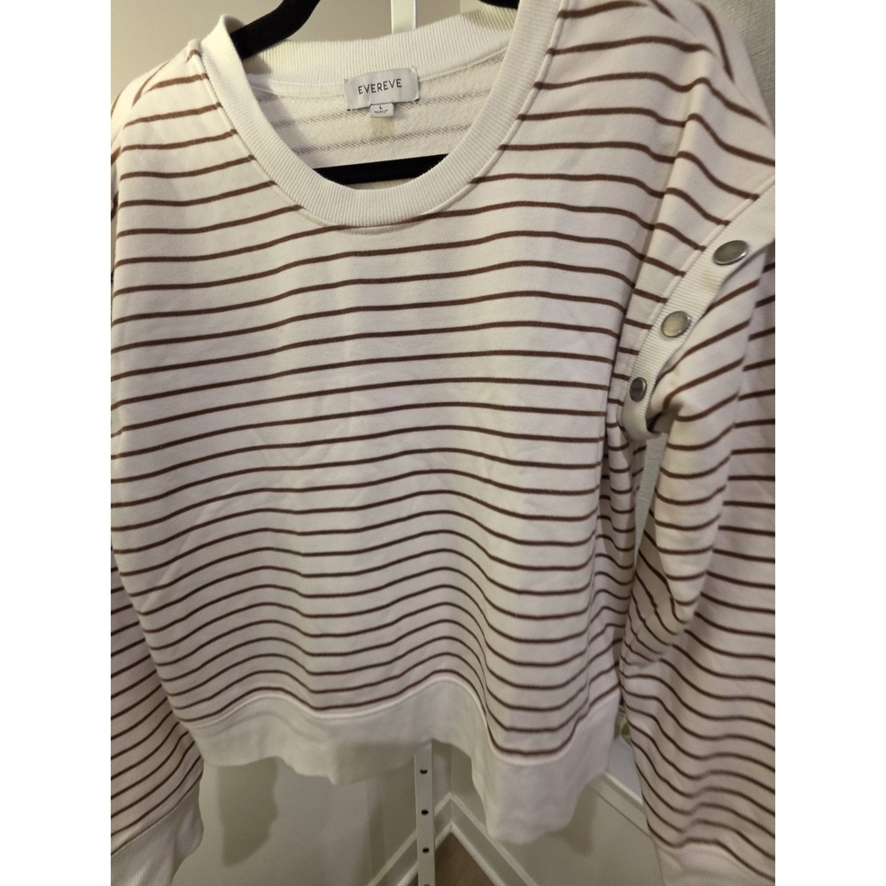 Evereve Womens L Striped Snap Shoulder Sweatshirt Cream Brown Preppy Nautical - Picture 9 of 14